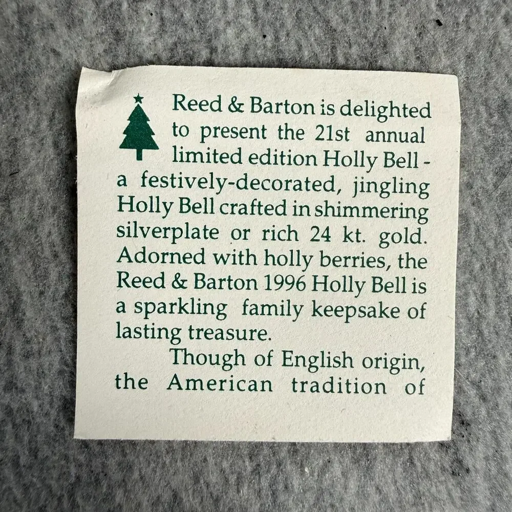 Reed & Barton 1996 Holly Bell Silverplate Christmas Ornament Original Box